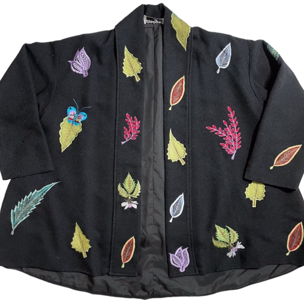 Anage Insect Leaf Embroidered Jacket EUC S Open Front Kimono Butterfly